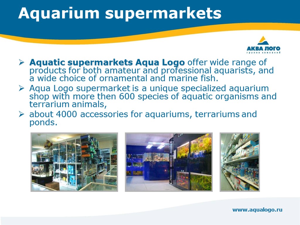 www.aqualogo.ru Aquarium supermarkets Aquatic supermarkets Aqua Logo offer wide range of products for both